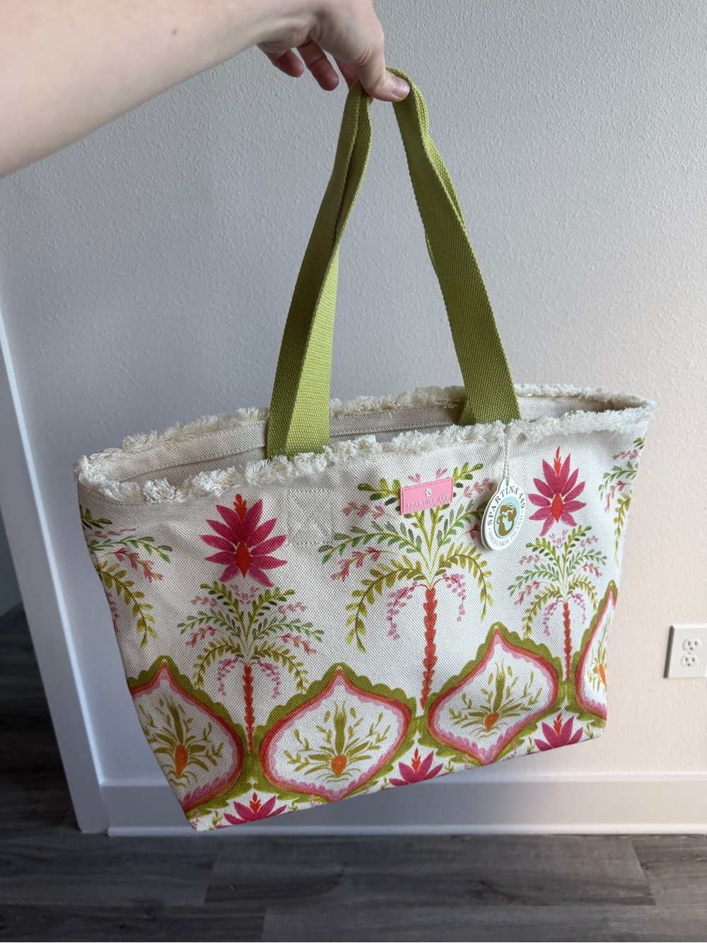 Spartina 449 Cream Floral Canvas Tote with Green Handles